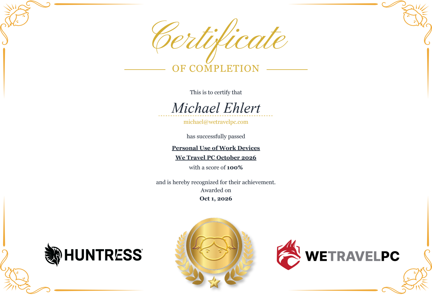 Michael Ehlert's certificate for Personal use of work devices, October 2026